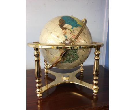 Terrestrial globe inlaid with semi precious stones