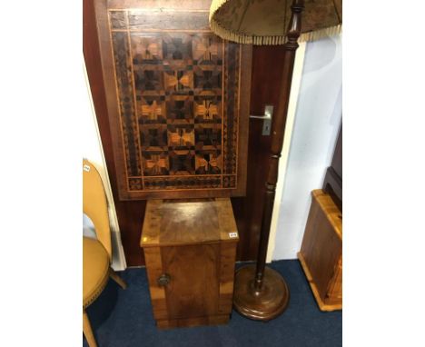 Standard lamp, parquetry table top and walnut bedside cabinet