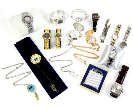 Selection of ladies' and gent's fashion watches, some boxed, two modern pocket watches, and a musical lighter, boxed
