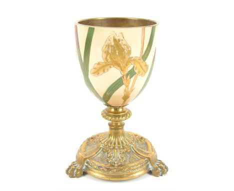 Messanger oil lamp base, 19th Century, decorated to the body with gladioli, on a polished brass base, with paw feet, stamped 