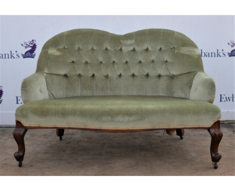 Mahogany framed and green upholstered button backed two-seater sofa, 