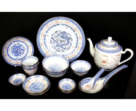 Chinese "rice grain" dragon pattern part dinner / tea service comprising plates, rice bowls, rice spoons, dipping bowls, etc,