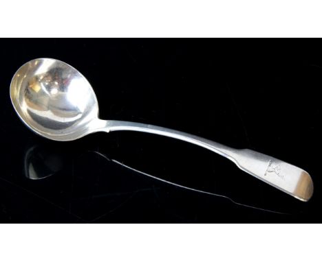 Crested silver fiddle pattern sauce ladle. John Bridge London 1828