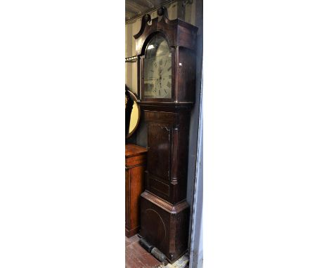 Oak longcase clock by Alldrett, Burton, hood with swan neck pediment, trunk with shaped door and column pilasters, on plinth 