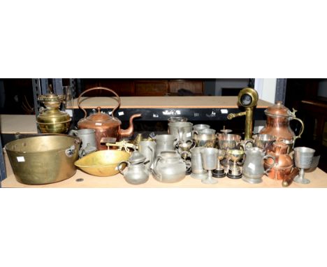 Assorted pertwer and copper ware, oil lamp, etc. 