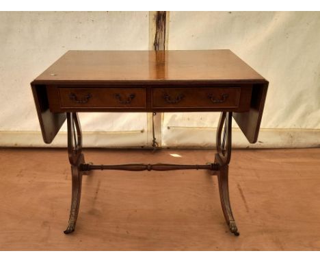 20th Century mahogany sofa table, top with two end flaps, two frieze drawers, on lyre supports, joined by stretchers, 78h x 1