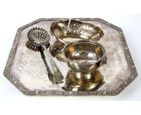 George V silver square dish, marks for R and WS, London, 1937, retailed by Sorley, Glasgow, together with a silver mote spoon