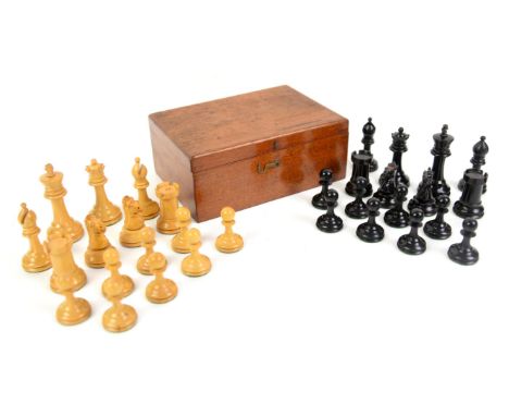 Staunton type Chess Set with red crown mark on the two knights and two rooks in mahogany boxCondition Report:  Label to box f