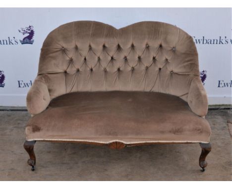 Mahogany framed and brown upholstered button backed two-seater sofa, 