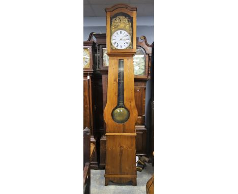 French 19th century pine cased Comtoise clock, with arched hood over a lyre shape case, enclosing an enamel dial stamped Sama