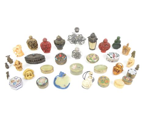 A Group of Miniature boxes , Bottles , Snuff bottles , netsuke , brass figures , jade pendant ( 34)Including two Tibetan styl