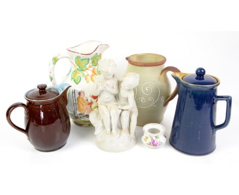 Decorative china and glass to include , two flame light shades, jugs, parian figural group after Hip. Moreau, 