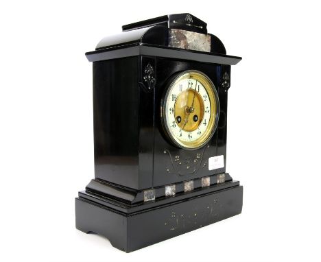 Victorian slate mantel clock, with white enamel chapter ring with Arabic numerals, brass barrel movement, gong strike, with p