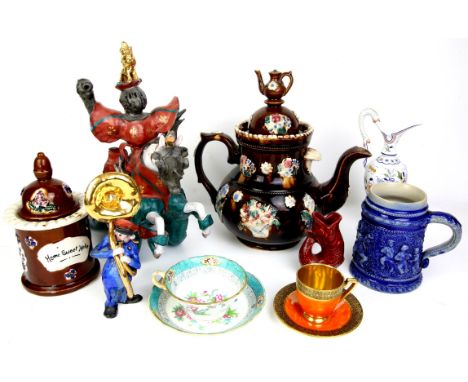 China, glass and decorative items to include a pair of cut glass vases, transfer printed vase, barge ware teapot, R. W. & B C