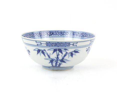 Chinese blue and white bowl , 20th century,painted with the 'Four friends', bamboo, plum, orchid and chrysanthemum, the insid