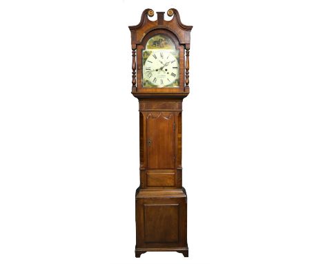 18th century mahogany longcase clock the painted dial with twin train movement, Roman numerals, subsidiary seconds dial and d