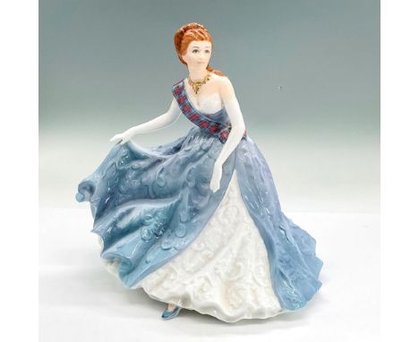 Bone china figure of an elegantly dressed lady in a blue gown with a white underskirt, plaid sash. Royal Worcester backstamp.