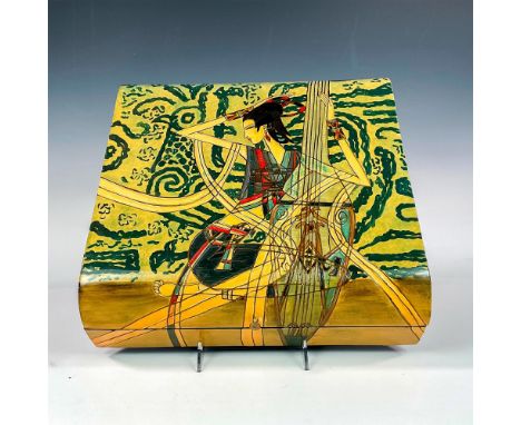 A large hinged covered memory box featuring a woman playing the cello. Small brass handle. Dimensions: 15"L x 15"W x 4.25"HCo