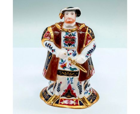 Bone china in the likeness of King Henry VIII in a regal brown, blue, and maroon tunic with floral and gold accents. Royal Wo
