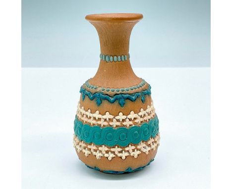 Stunning tiny art pottery vase with light brown base, featuring blue and white accents. Doulton Lambeth Silicon backstamp. Ar