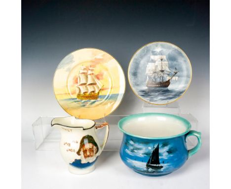 Various items including a chamber pot, a dinner plate, and a pitcher. Hand decorated with nautical sail ship scenes. Includes