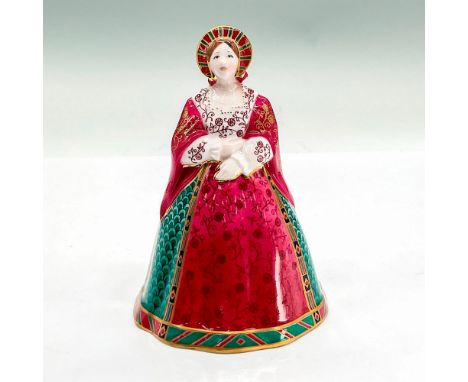 Bone china in the likeness of Catherine in a regal dark pink and teal dress with floral and gold accents. Royal Worcester bac