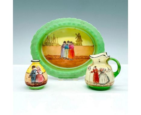 Grouping includes a scalloped oval dish, miniature pitcher &amp; miniature vase. All depicting Dutch scenes and people. Large