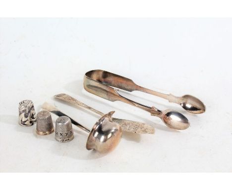 Silver, various dates and makers, to include pair of Victorian silver sugar tongs, small ladle, fish knife, three thimbles, 3
