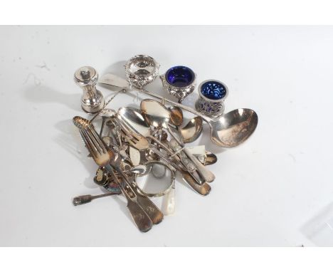 Silver plated ware to include pair of salts, large and small ladles, Peugeot pepper mill, magnifying glass, flatware etc. (qt