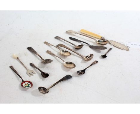 Collection of George III and later silver condiment spoons, pickle fork, Canada souvenir spoon etc. weighable silver 3.4oz (q