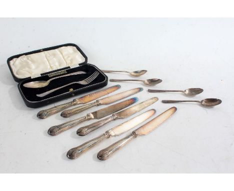 Silver christening set consisting of spoon and fork, cased, four silver teaspoons, six silver handled tea knives, weighable s