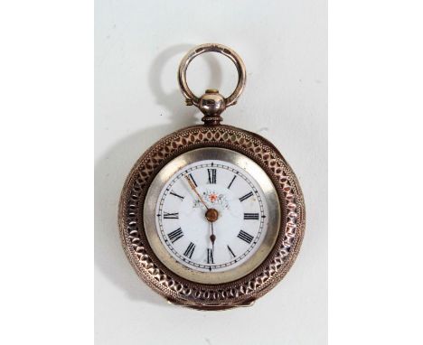 Ladies Continental silver open face pocket watch, the white enamel dial with Roman numerals, the foliate engraved caseback wi
