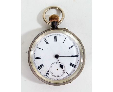 Continental silver open face pocket watch, the white enamel dial with Roman numerals and subsidiary seconds dial, crown wound