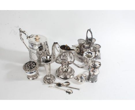 Silver plated ware to include three branch candelabra, egg cruet, teapot, milk jug, boxed set of six Arthur Price cake forks,