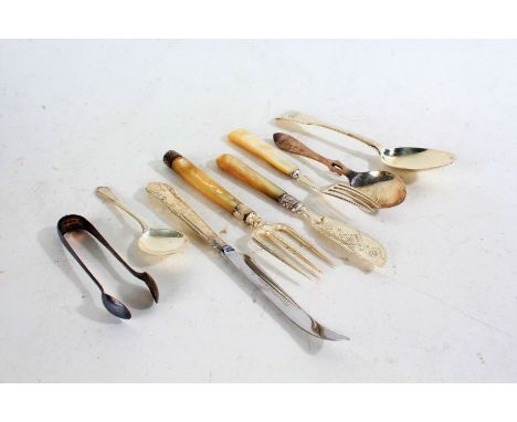 Silver, various dates and makers, to include preserve spoon, William IV dessert spoon, sugar tongs, preserve spoon, silver ha