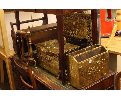 Oak drop leaf coffee table, pair fire dogs, brass firescreen, brass slipper box and two magazine racks (7).