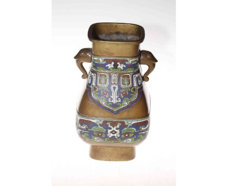 Oriental champleve enamel two handle vase, 30cm.