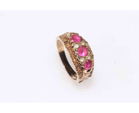 Ruby and diamond 9 carat gold ring, size L/M.