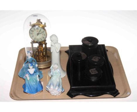 Tray lot with Kundo anniversary clock, silver mounted ebony trinket set, three small Coalport ladies and one Worcester figure