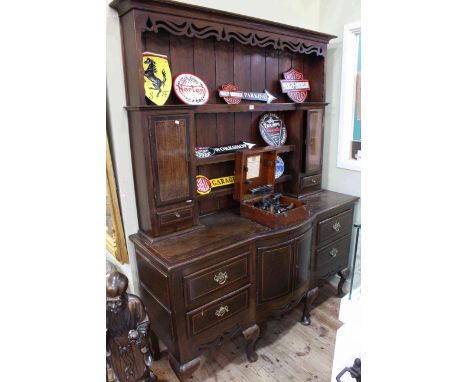 19th Century oak, mahogany and chequer inlaid shelf and cupboard back dresser, 195cm by 153cm by 48cm.