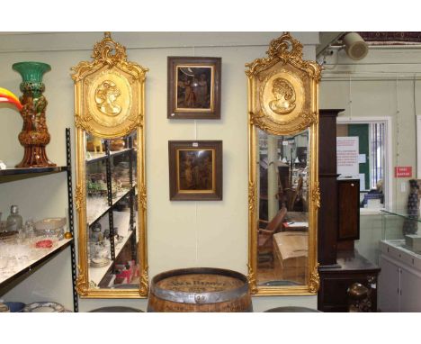 Pair rectangular gilt portrait and bevelled wall mirrors, 180cm by 53cm.
