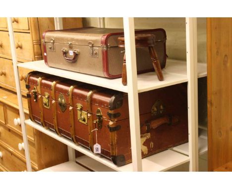 Canvas bound trunk, tin trunk, vintage suitcase, needlework panel firescreen and milking stool (5).