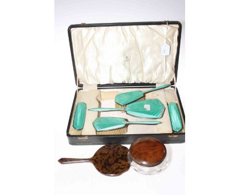 Cased silver and enamel brush set, jewellery, etc.