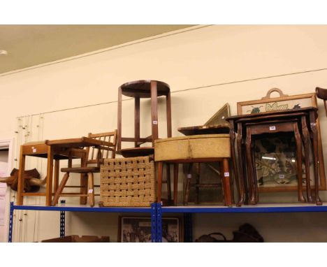 Nest of three tables, woolwork panel firescreen, child's chair, three stools, three occasional tables and brass spark guard (