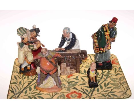Five Royal Doulton figures, The Carpenter, Carpet Seller, The Fiddler, Falstaff and small Micawber.