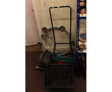 Bosch push mower, three planters, Medieval style ceiling light and mounted buffalo horns (6).