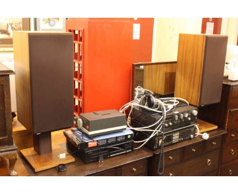 Technics music system, Pioneer CD player, pair B&amp;W speakers, monitor and projector.