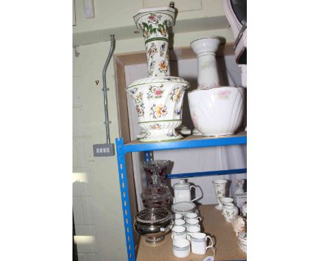 Royal Doulton 'Etude' coffee set, two jardinieres and stand, silver plate rose bowl and two pieces of clear and ruby glass.