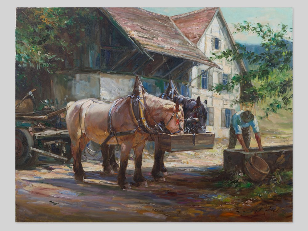 Oil painting „Horses at the trough“ by Hans Nickel, around 1960 Oil on