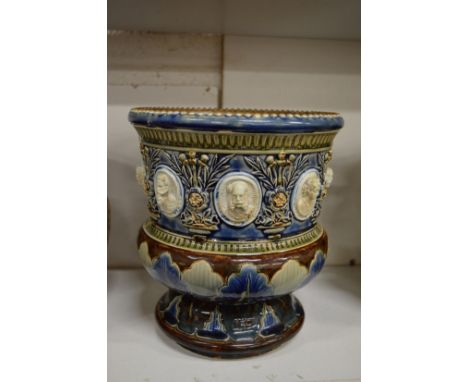 A Doulton vase with various moulded portrait busts of Kings and Queens.